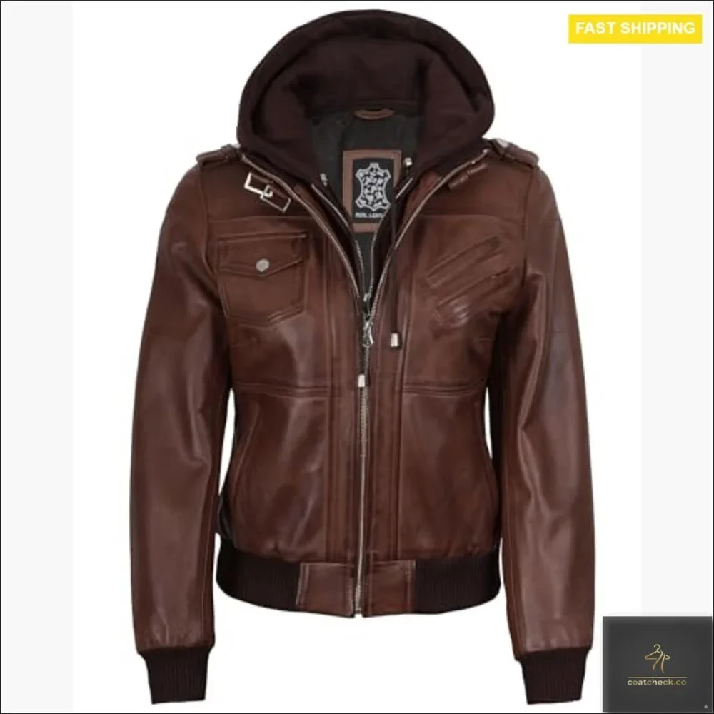 Lambskin Leather Jacket with Removable Hood, Regular Fit, Long Sleeve